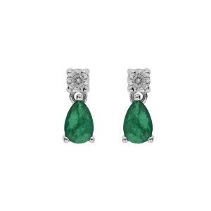 Boucles d’oreille en argent rhodié oxyde rond blanc serti et goutte oxyde vert foncé avec fermoir poussette
