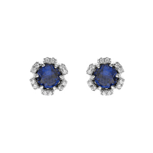 Boucles d’oreille en argent rhodié forme fleur avec oxydes couleur bleu foncé et blancs sertis fermoir poussette