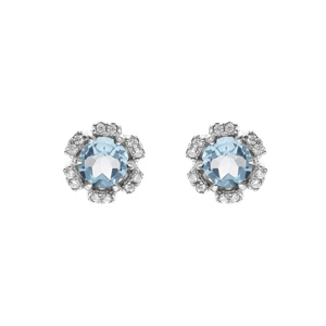 Boucles d'oreille en argent rhodié forme fleur avec oxydes couleur bleu ciel et blancs sertis fermoi