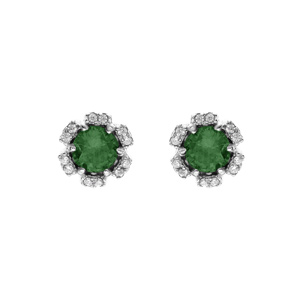 Boucles d’oreille tige en argent rhodié forme fleur avec oxydes vert foncé et blancs sertis