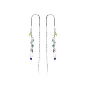 Boucles d'oreille en argent rhodié passante avec chaînette et pampilles empierrés multi couleurs