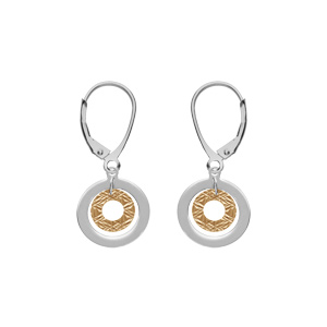 Boucles d’oreille bicolore en argent rhodié et dorure jaune double cercle suspendu et fermoir dormeuse
