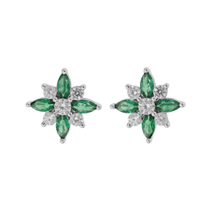 Boucles d’oreille en argent rhodié fleur oxydes blancs et vert sertis avec fermoir poussette
