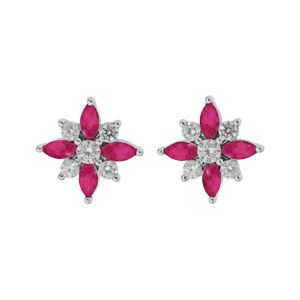 Boucles d'oreille en argent rhodié fleur oxydes blancs et fushia sertis avec fermoir poussette