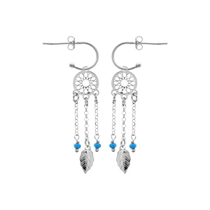 Boucles d'oreille en argent rhodié demi-créole attrape rêve avec boules bleu ciel et fermoir pousset
