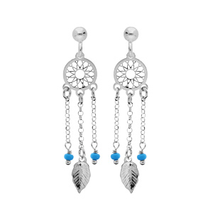 Boucles d’oreille en argent rhodié attrape rêve suspendu et boules bleu ciel et fermoir poussette