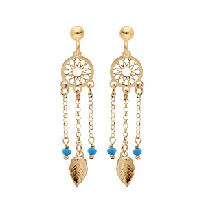 Boucles d'oreille en argent et dorure jaune attrape rêve avec boules bleu ciel et fermoir poussette