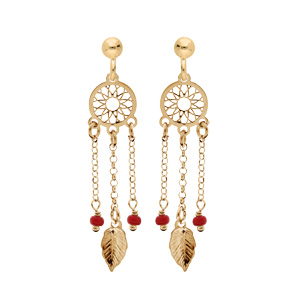 Boucles d’oreille en argent et dorure jaune attrape rêve avec boules rouges et fermoir poussette