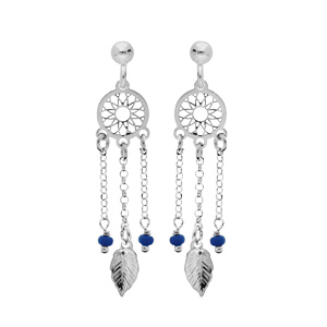 Boucles d’oreille en argent rhodié attrape rêve suspendu et boules bleu foncé et fermoir poussette