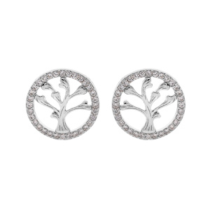 Boucles d’oreille en argent rhodié arbre de vie contour oxydes blancs sertis et fermoir poussette