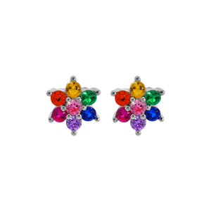 Boucles d’oreille en argent rhodié étoile de pierres multi couleurs et fermoir poussette