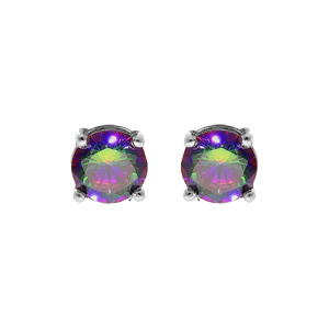 Boucles d’oreille en argent rhodié oxyde mystique arc en ciel 4 griffes et fermoir poussette