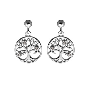 Boucles d'oreille en argent rhodié arbre de vie suspendu oxydes blancs sertis et fermoir poussette