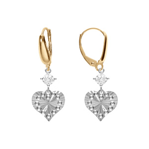 Boucles d’oreille en argent rhodié et doré jaune, forme coeur diamanté avec un oxyde blanc, fermoir dormeuse