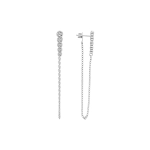 Boucles d’oreille en argent rhodié chaînette accroché au fermoir poussette et rail oxydes blancs en chute