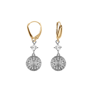 Boucles d’oreille dormeuse argent rhodié et doré jaune rond diamanté avec 1 oxyde blanc