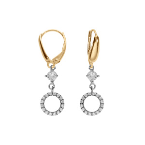 Boucles d’oreille dormeuse argent rhodié et doré jaune cercle contour oxydes blancs