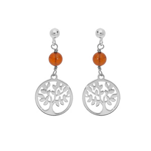 Boucles d’oreille en argent rhodié arbre de vie suspendu avec boule Ambre véritable et fermoir poussette