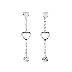 Boucles d’oreille en argent rhodié coeurs et oxyde blanc serti suspendus et fermoir poussette