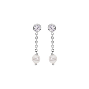 Boucles d’oreille en argent rhodié perle blanche de synthèse suspendue avec oxyde blanc serti et fermoir poussette