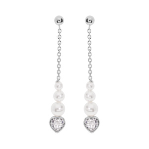 Boucles d'oreille pendantes en argent rhodié perles blanches imitation et coeur oxydes blancs sertis