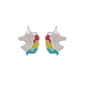 Boucles d’oreille en argent rhodié licorne blanche et multicouleur et fermoir poussette