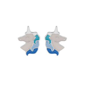 Boucles d’oreille en argent rhodié licorne blanche et bleue et fermoir poussette
