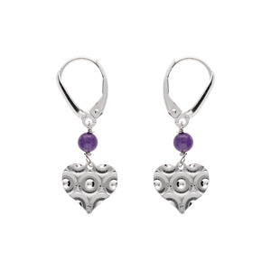 Boucles d’oreille dormeuse argent rhodié coeur martelé avec 1 boule jade violette véritable