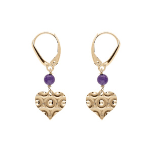 Boucles d’oreille dormeuse argent doré jaune coeur martelé avec 1 boule jade violette véritable