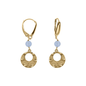 Boucles d’oreille dormeuse argent doré pastille martelé avec 1 boule jade bleu ciel véritable