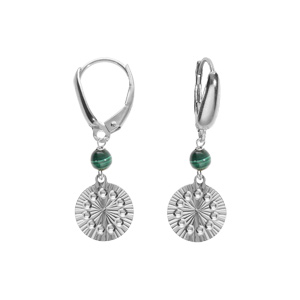 Boucles d’oreille dormeuse argent rhodié cercle diamanté avec 1 boule malachite véritable