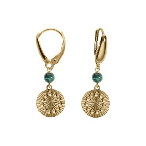Boucles d’oreille dormeuse argent doré jaune cercle diamanté avec 1 boule malachite véritable