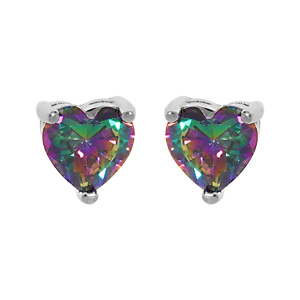 Boucles d'oreille en argent rhodié pendentif coeur oxyde mystique arc en ciel et fermoir poussette