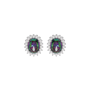 Boucles d’oreille en argent rhodié avec oxyde oval mystique arc en ciel et contour dentelle oxydes blancs et fermoir poussette