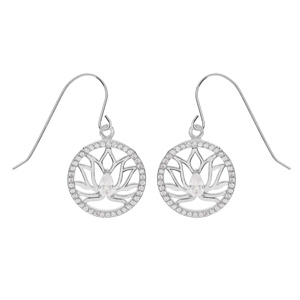 Boucles d'oreille en argent rhodié fleur de lotus dans cercle oxydes blancs et fermoir crochet