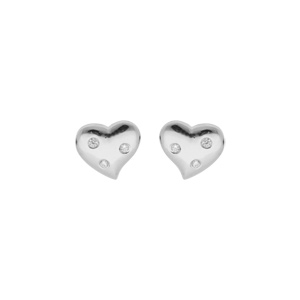 Boucles d’oreille en argent platiné coeur avec 3 oxydes blancs sertis et fermoir poussette