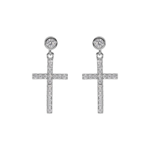 Boucles d'oreille en argent rhodié oxyde croix suspendue avec oxydes blancs sertis 17x10mm et fermoi