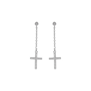 Boucles d'oreille en argent rhodié avec chaînette et croix avec oxydes blancs sertis 17x10mm et ferm