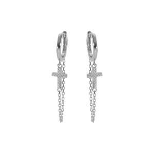 Créoles en argent rhodié articulée avec chaînette et croix oxydes blancs sertis 12x6mm