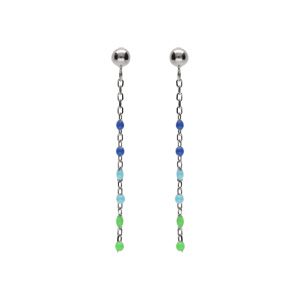 Boucles d’oreille tige en argent rhodié, olive résine multicolore dégradé bleu vert