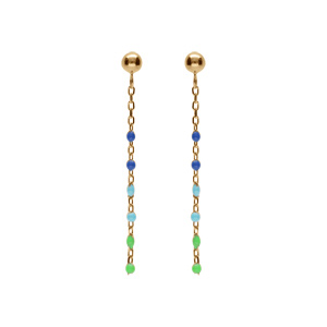 Boucles d'oreille tige en argent et dorure jaune olive, résine multicolore dégradé bleu vert