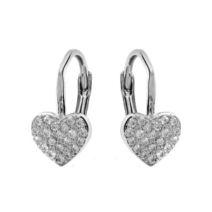 Boucles d'oreille en argent rhodié motif coeur pavé oxydes blancs et fermoir dormeuse