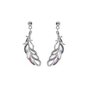 Boucles d'oreille tige en argent rhodié motif feuillage avec oxydes multi couleurs
