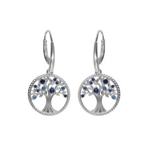 Boucles d'oreille en argent rhodié anneau avec arbre de vie contour perlé et oxydes tons bleu fermoi