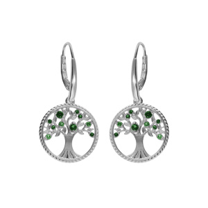 Boucles d'oreille en argent rhodié arbre de vie contour perlé avec oxydes verts, fermoir dormeuse