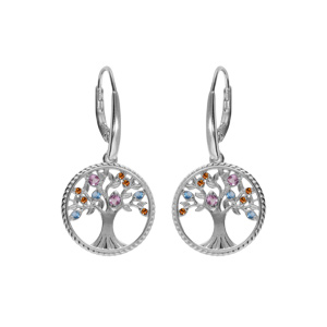 Boucles d'oreille en argent rhodié anneau avec arbre de vie contour perlé et oxydes multi couleurs f