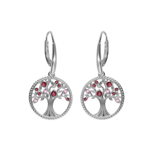 Boucles d’oreille en argent rhodié arbre de vie contour perlé avec oxydes dégradé rose, fermoir dormeuse