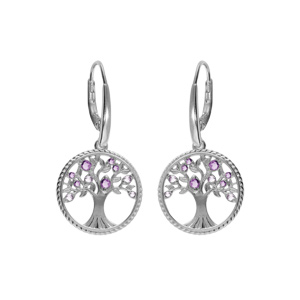 Boucles d’oreille en argent rhodié anneau avec arbre de vie contour perlé et oxydes tons violet fermoir crochet