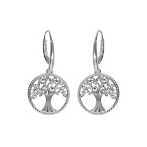 Boucles d’oreille en argent rhodié anneau avec arbre de vie contour perlé et oxydes blancs fermoir crochet