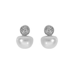 Boucles d'oreille tige en argent platiné perle de culture d'eau douce et un oxyde blanc serti